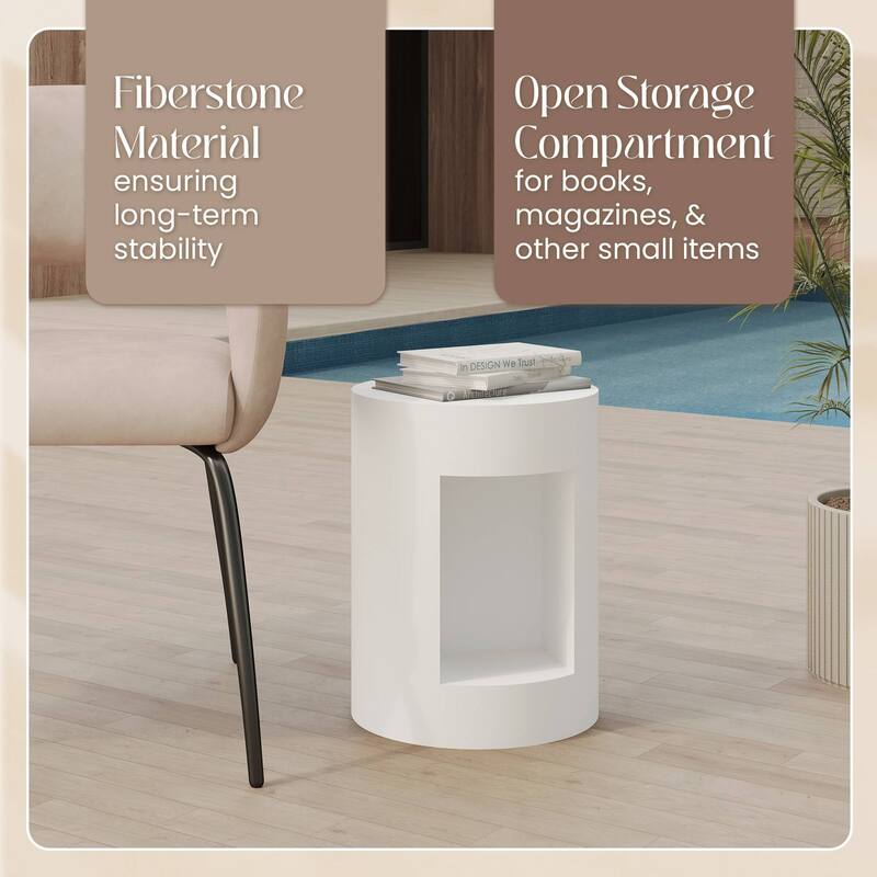 Nook 14" Wide Round Side Table in Fiberstone with Open Storage Compartment