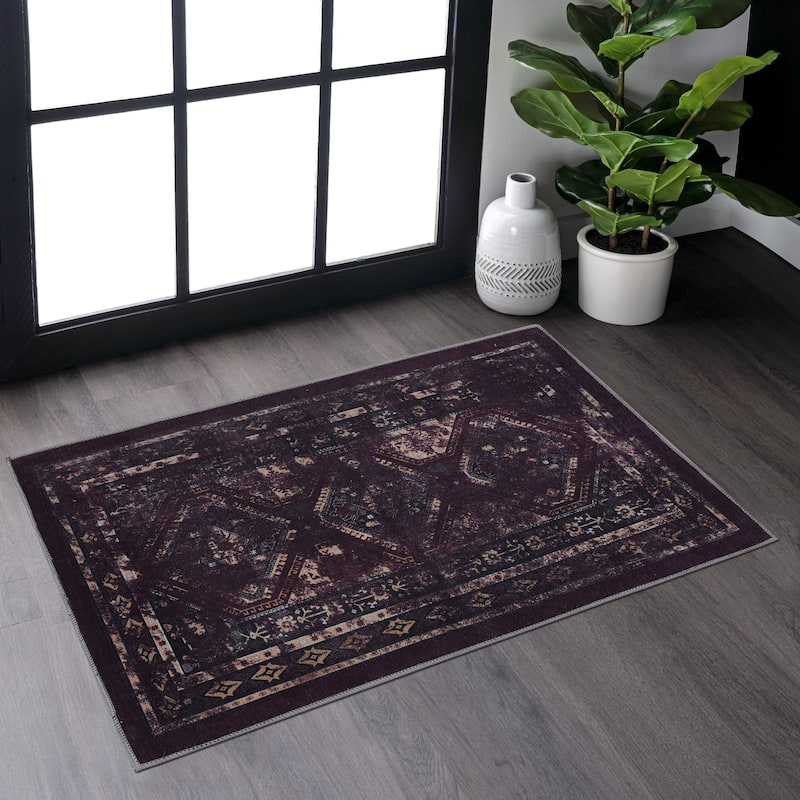Area Rugs 2x3 Living Room,Washable Rug,Low-Pile,Non-Slip,Non-Shedding,Foldable,Kid & Pet Friendly for living room - 3'6" - Black+Burgundy