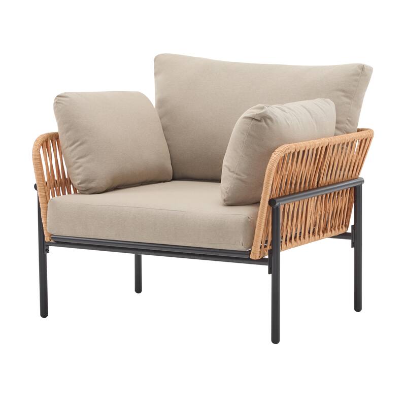36" Beige and Light Wood-Tone Rope Iron Lounge Chair with Cushions, Perfect for Natural and Modern Spaces