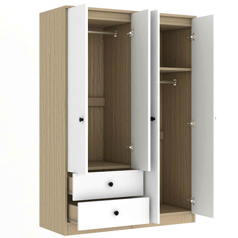 Roomfitters 4-Door Wardrobe Closet with Hanging Rod, Interior Shelf and Panel Storage Space, White