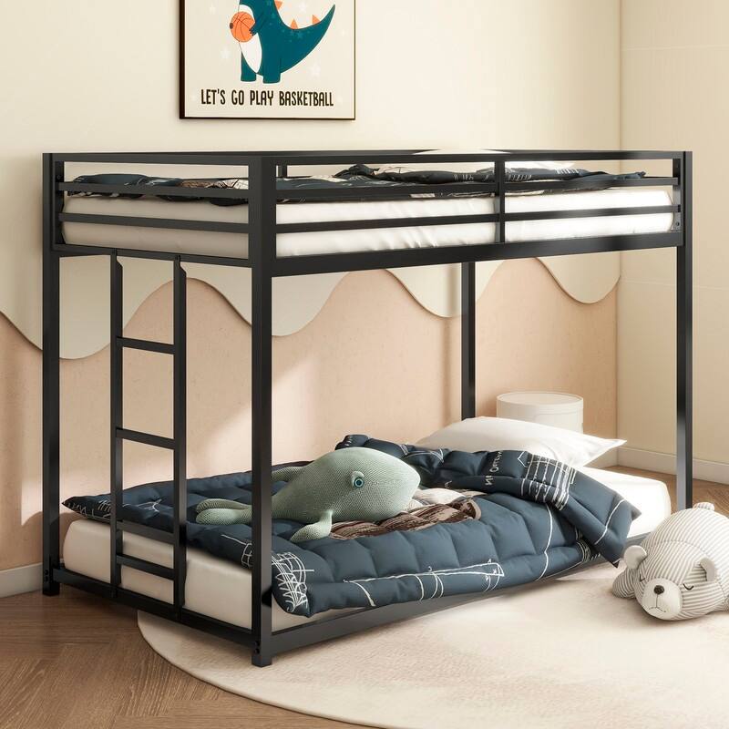 Twin over Twin Size Metal Bunk Bed with Ladder and Guardrails