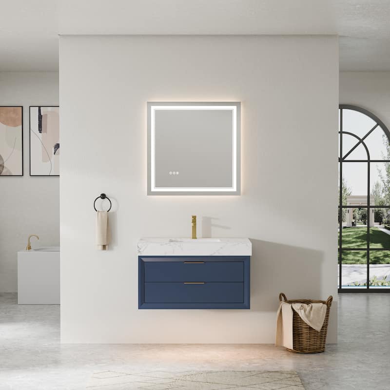 Modland 36" Wall-Mount Vanity with LED Light & 2 Soft-Close Drawers - Solid Oak, Black,White,Blue,Green - 36 inch