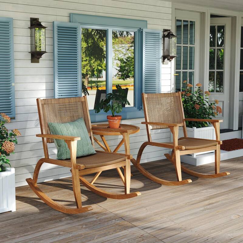 Outdoor Rocking Chair Set - 2 Acacia Wood Rockers with Wicker Rattan Seat & Backrest - Natural
