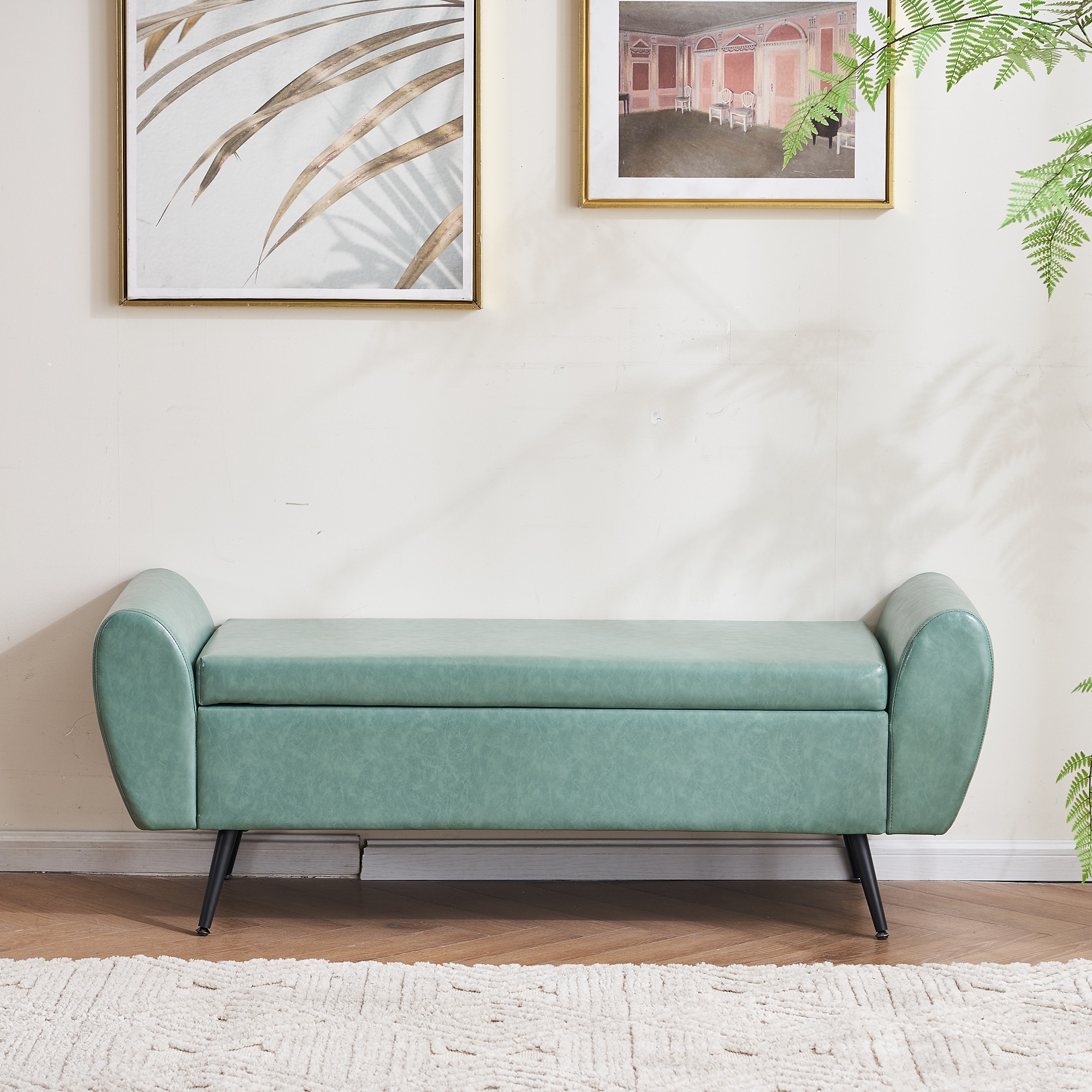 Upholstered 55"W Flip Top Storage Bench Bedroom Bench Modern End of Bed Bench for Entryway Hallway Window with Gold Legs