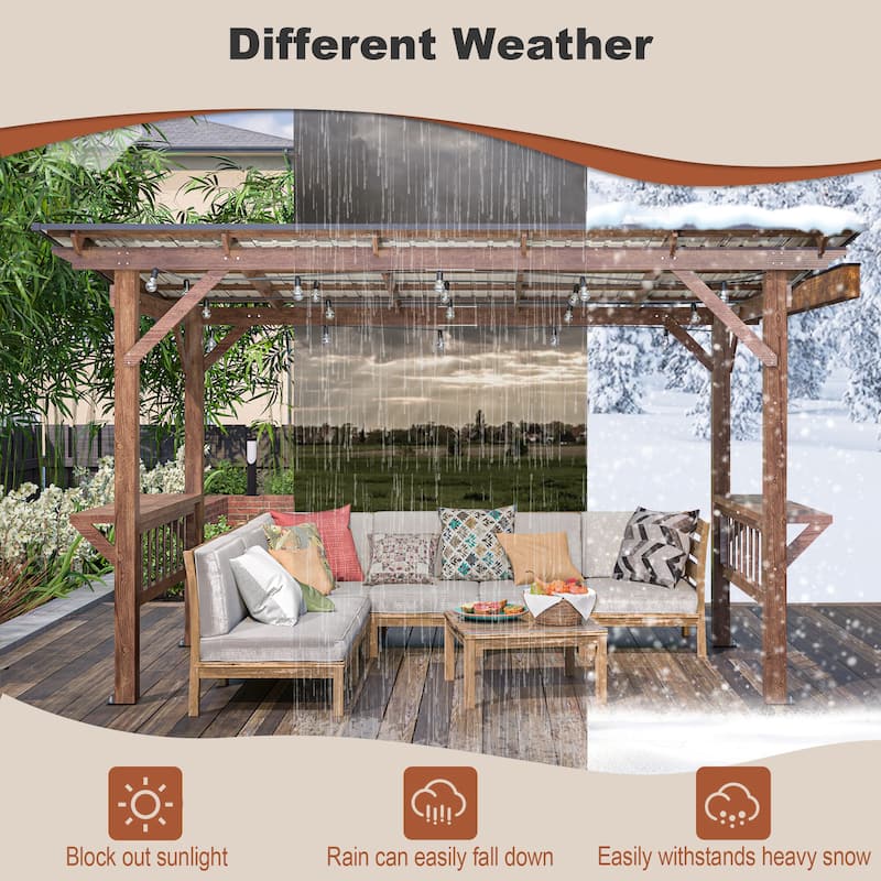 Pergola Grill Gazebo with Metal Roof, Bulbs & Bar Counters for Outdoor BBQ
