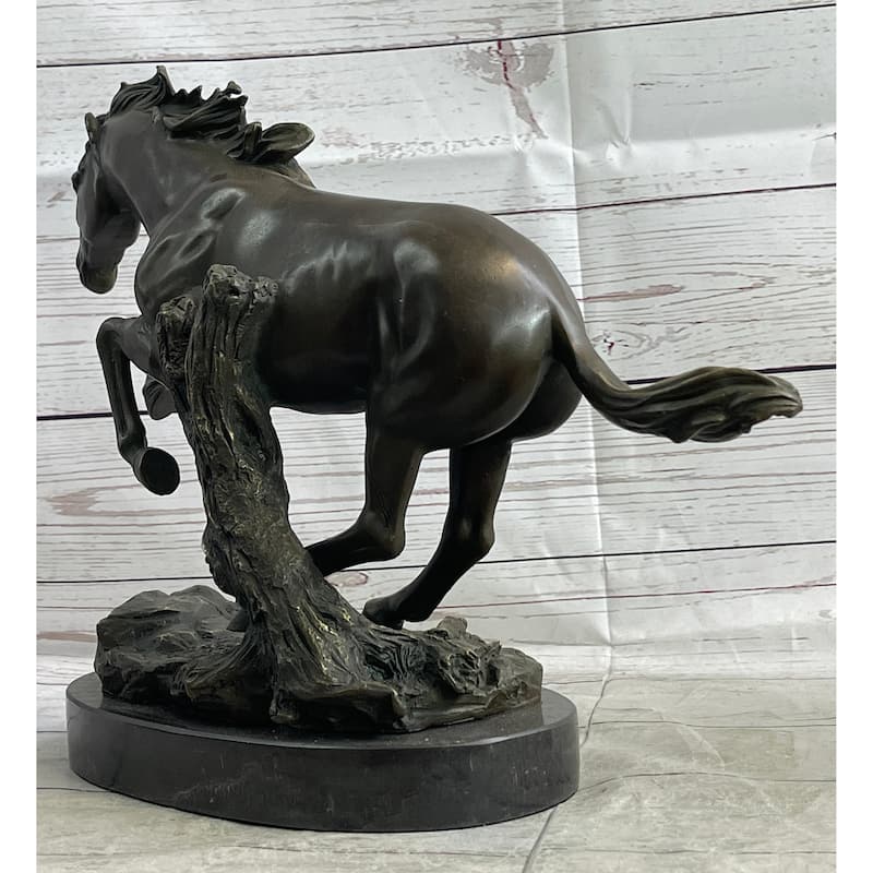 Running Galloping Wild Imitative Horse Mustang Bronze Sculpture Statue Figure Decor On Marble Base