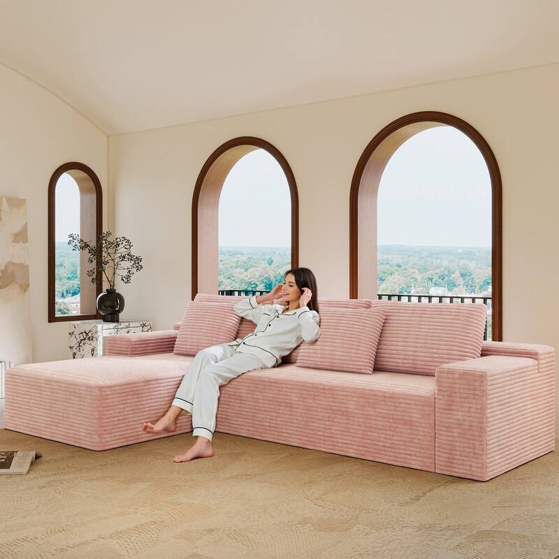 104" Sectional Couch with L-Shape Chaise, Modern Upholstered Couches with Deep Seat, Corduroy Sponge Compressed Sofa - Pink