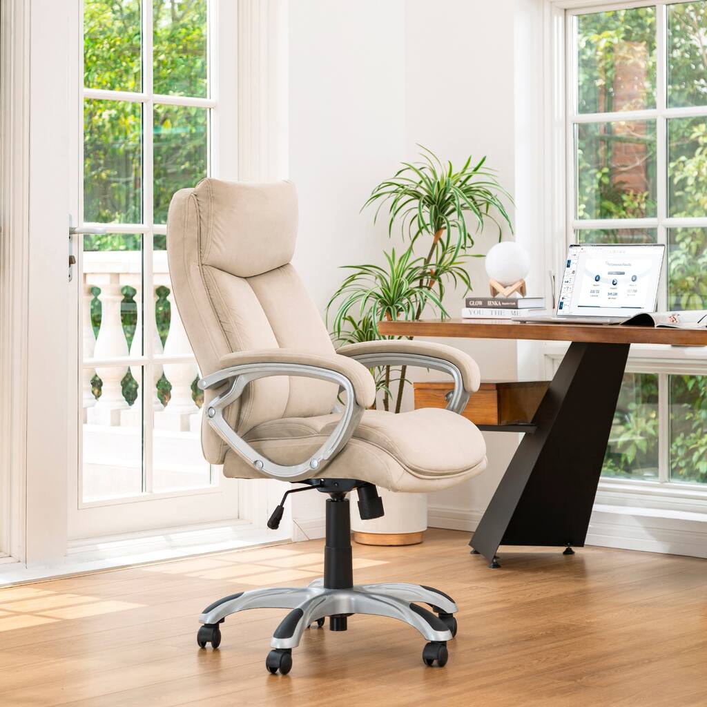 Glitzhome Beige Velvet High Back Adjustable Swivel Ergonomic Desk Office Chair