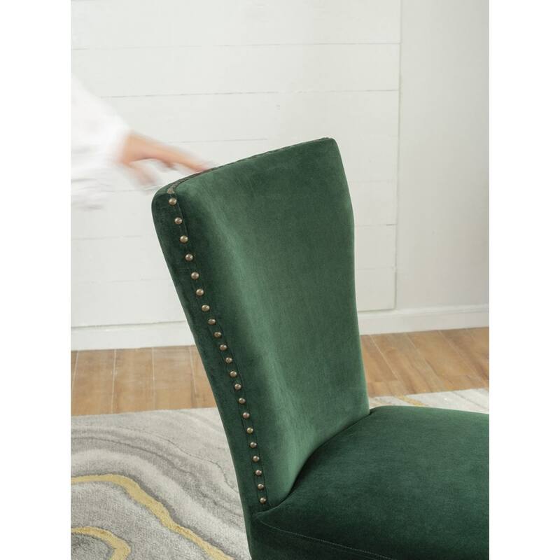 Velvet Armless Nail Head Wooden Dining Chairs 37" Green and Brown 2Ct