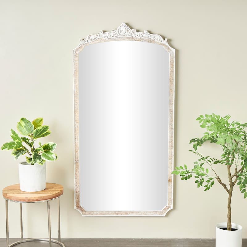 White or Cream Wooden Arched Wall Mirror with Scroll Details