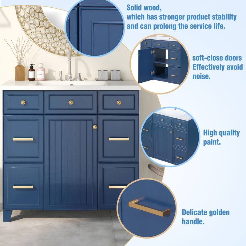 Modern 36-Inch Free-Standing Vanity with Single Sink, Storage Drawers & Adjustable Shelf