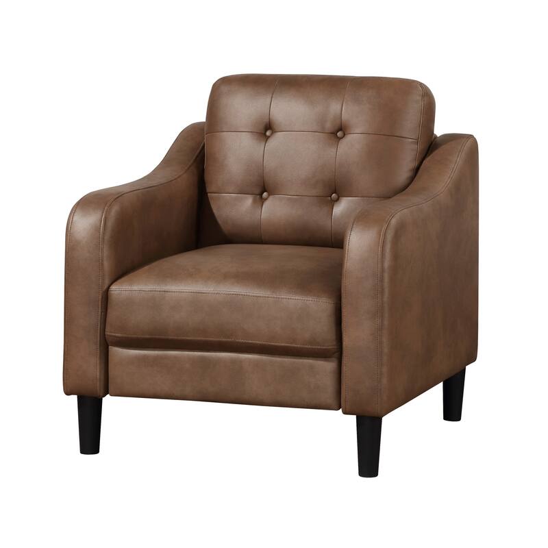 Orry 32 Inch Accent Chair, Tufted Back, Brown Microfiber, Black Solid Wood