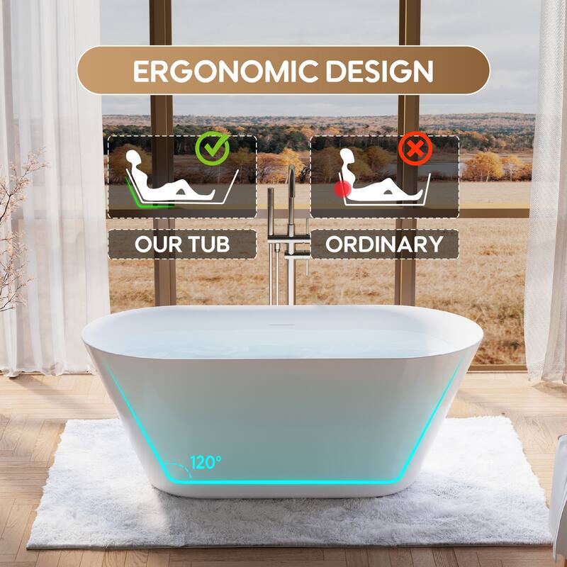 Glossy White Freestanding Soaking Bathtub, 100% Pure Virgin Acrylic with Drain And Overflow