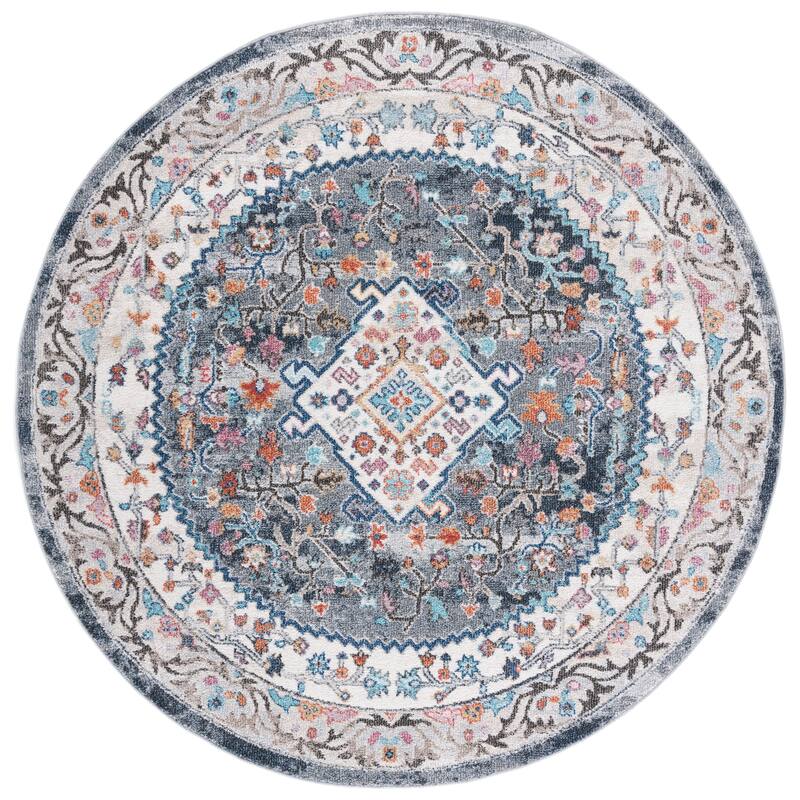 SAFAVIEH Phoenix Pennie Medallion Distressed Rug - 6'7" Round - Ivory/Grey