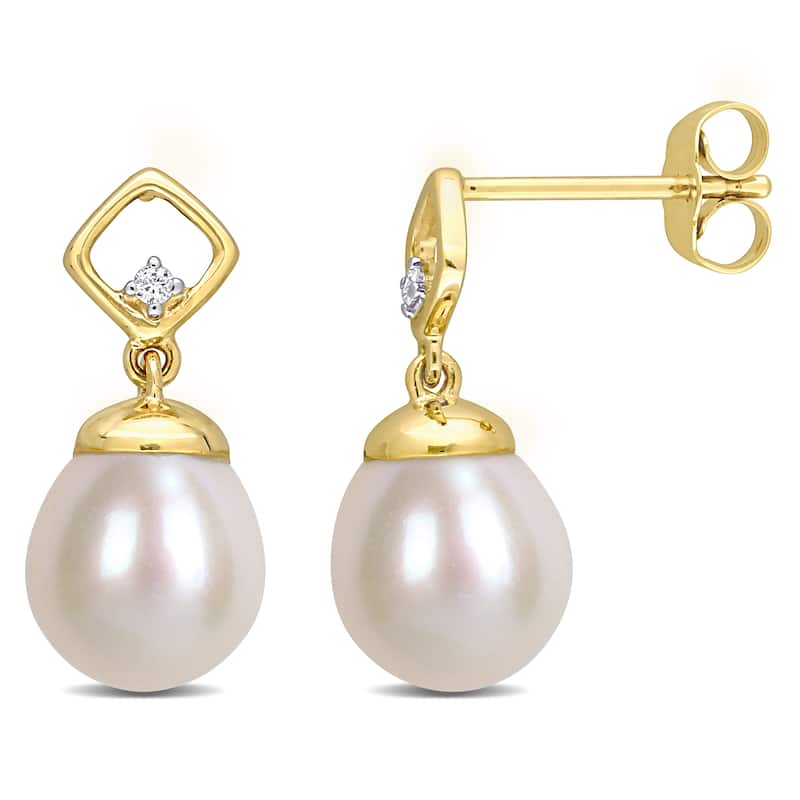 Miadora 8-8.5mm Cultured Freshwater Pearl Diamond Accent Earrings 10k Yellow Gold