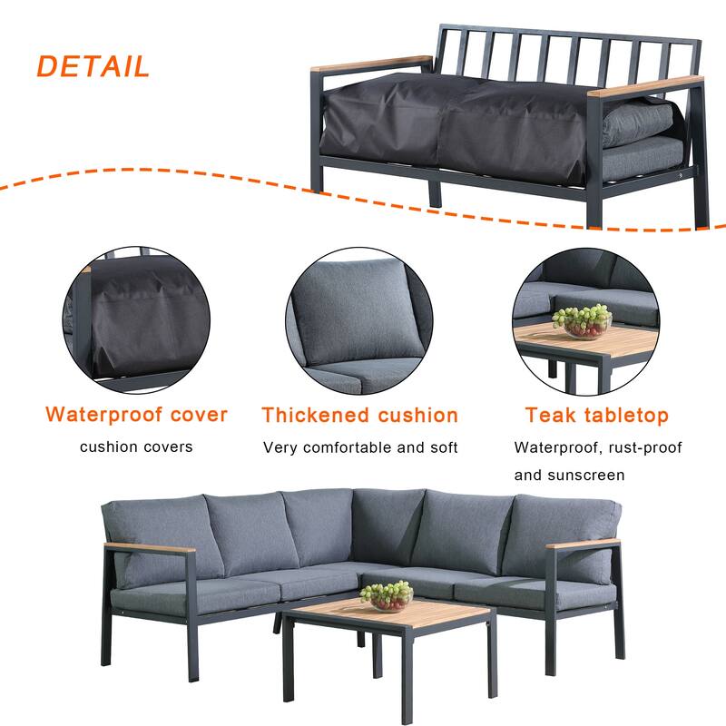 Rossio Outdoor 4 Piece Conversation Set,Aluminum Frame， Slatted Teak Wood Top