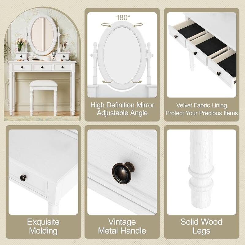 38" Wooden Vanity Desk with Adjustable Angle Mirror and Cushioned Stool, 5 Drawers