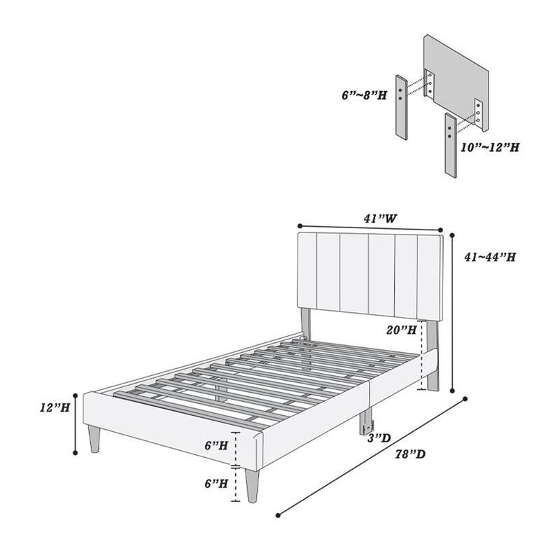 Lilian Twin Bed, Soft Channel Tufted Charcoal Gray Linen Upholstery