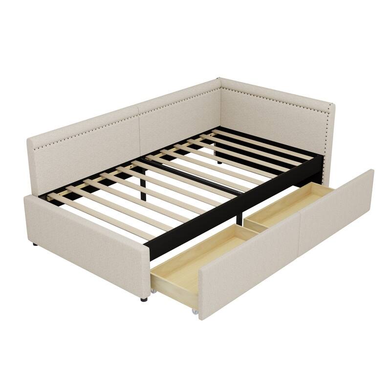 Modern Style Twin Size L Shape Corner Bed, Linen Upholstered Daybed with Two Storage Drawers