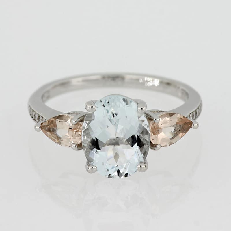 Multi-Cut Ice Aquamarine Morganite and Diamond 3-Stone Ring in Sterling Silver by Miadora