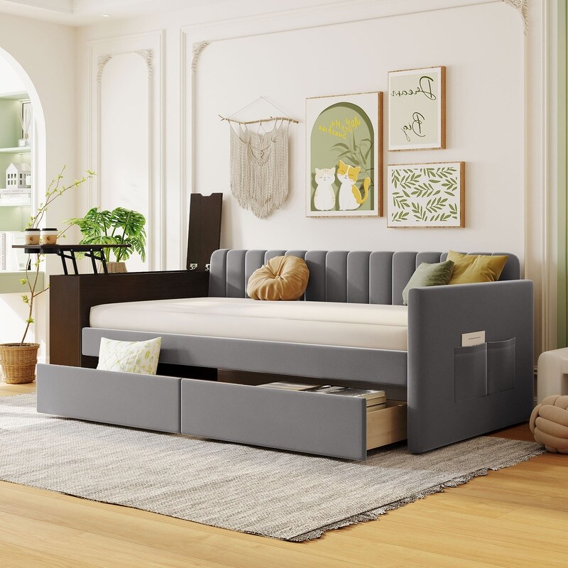 Twin Size Velvet Daybed Sofa Bed with Storage Armrest Cup Holder