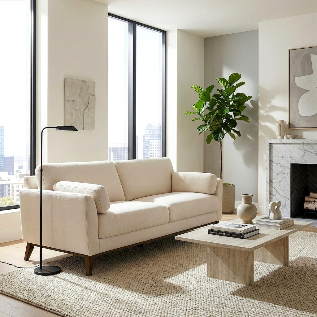 Birre Beige Micro Boucle Fabric Sofa with Walnut Wood Legs