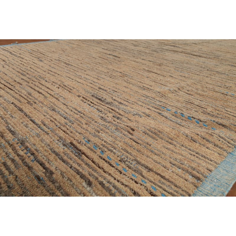 Brown Striped Moroccan Modern Area Rug Hand-Knotted Wool Carpet - 8'9"x 13'0"