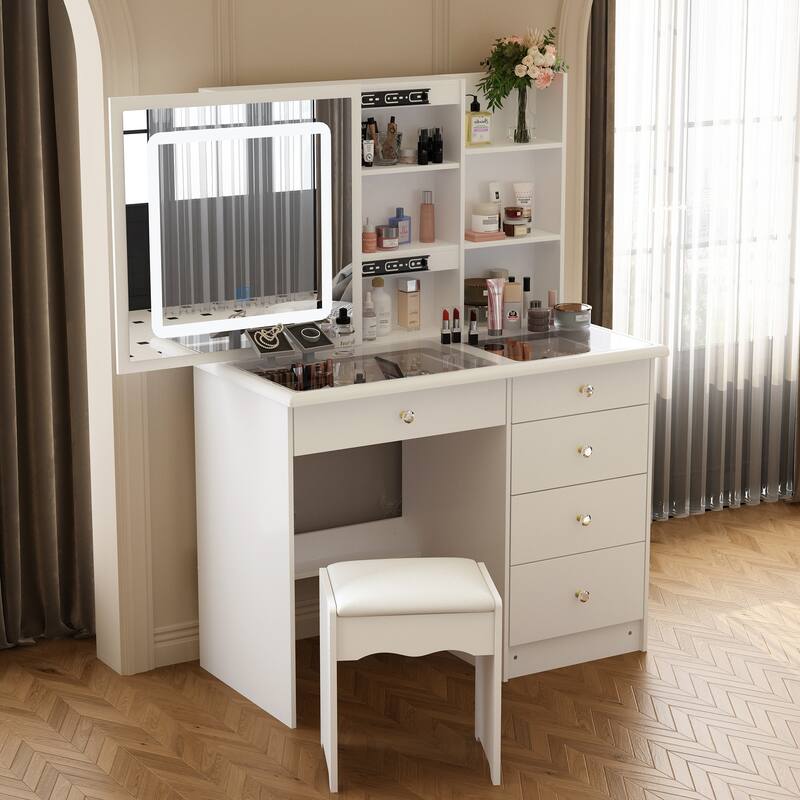 Glass Top Vanity Set with Sliding Mirror and LED Lights Dressing Table - 39.4"W