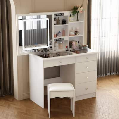 Glass Top Vanity Set with Sliding Mirror and LED Lights Dressing Table - 39.4"W