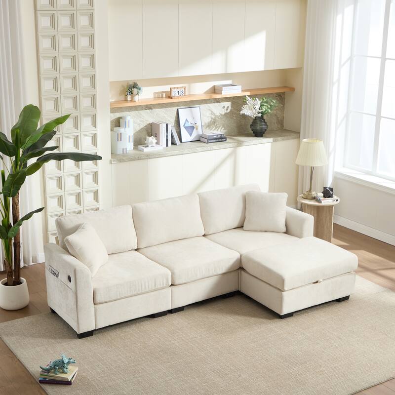 L-Shaped Modular Sectional Sofa with Storage Ottoman, 97" Chenille Corner Couch with USB Ports, Side Pockets