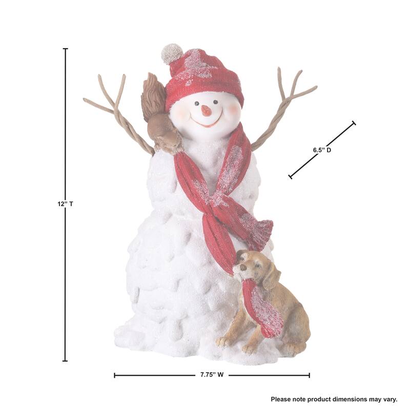12" Resin Frosted Snowman W/Dog & Squirrel