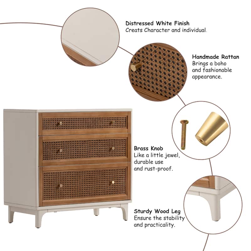 COZAYH Woven Cane Front Accent Nightstand with Brass Knobs, Accent Dresser