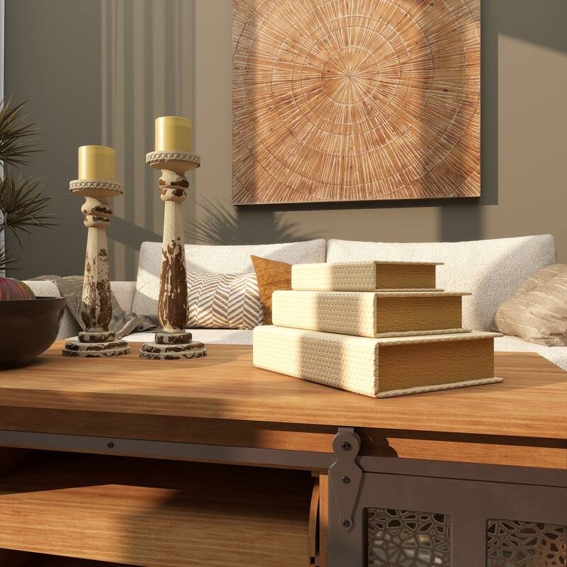 Cream, Black, Copper, Beige or Brown Faux Leather Woven Faux Book Storage Decorative Box (Set of 3)