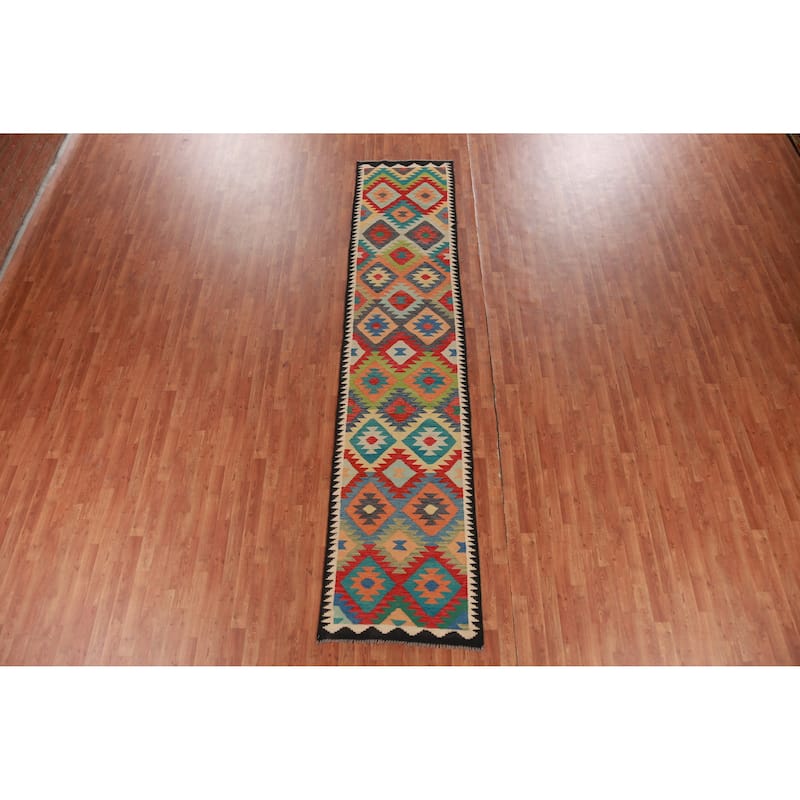 Hand Woven Oriental 100% Wool Carpet Southwestern Geometric Multi-Colored Kilim Runner Rug - 12' 10'' X 2' 9''