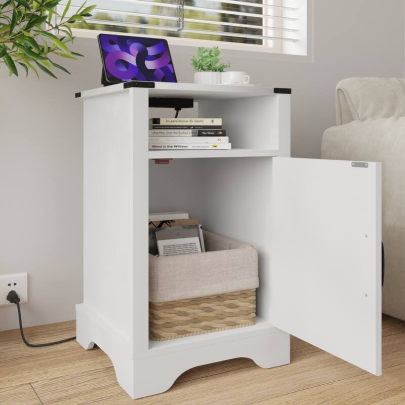 Farmhouse Nightstand Side Table,Tall Bedside Table with Electrical Outlets Charging Station - White
