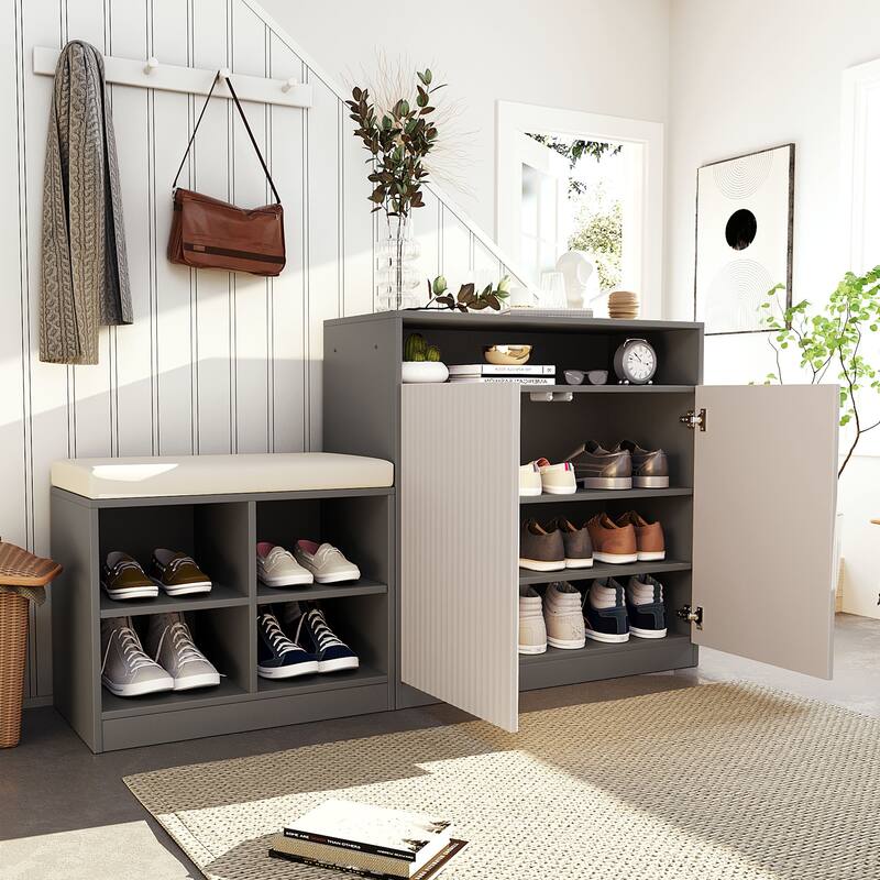 Storage Cabinet w/ Shoe Bench, 3-Tier Adjustable Shelves, 4 Open Shoe Racks & Removeble Cushion