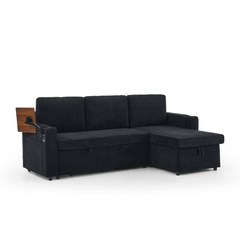 Roomfitters Modern Chenille Pull-Out Bed Sofa with Retractable Table, LED Lighting, USB Ports and Cup Holders