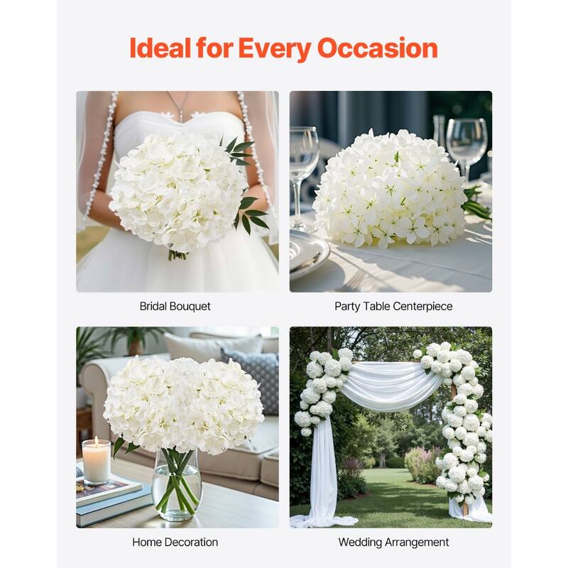 White Silk Hydrangea Artificial Flowers Set Realistic Layered Bloom Flexible Stems