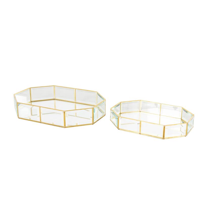 Clear Glass Beveled Wide Octagon Decorative Jewelry Box with Gold Metal Frame (Set of 2)