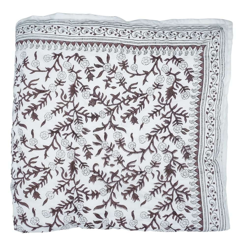 Fabdivine Bohemian Hand Block Print Cotton Quilt - Ethnic Home Décor, Shejan Brown, Handmade Reversible Bedspread