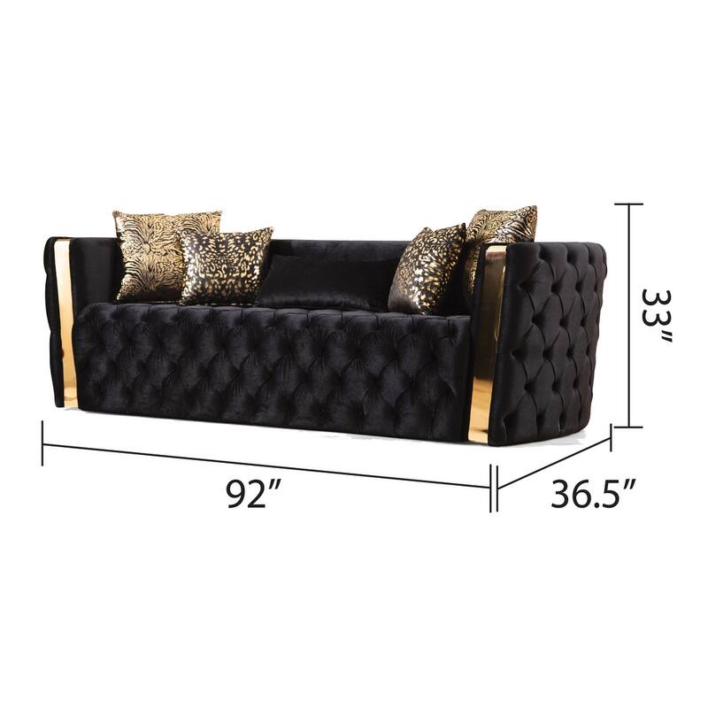 Naomi Button Tufted 2PC / 3PC Sofa Set with Velvet Fabric and Gold Accent - Black - 2 Piece