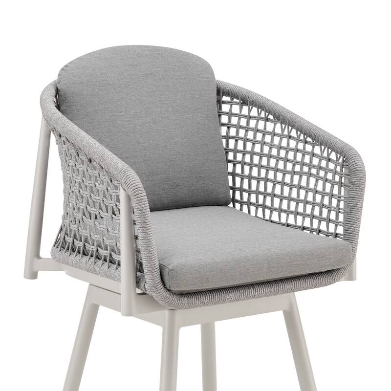 Rhodes Outdoor Patio Swivel Bar Stool in Aluminum with Rope and Cushions