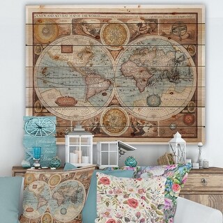 Designart 'Ancient Map of The World VIII' Vintage Print on Natural Pine ...