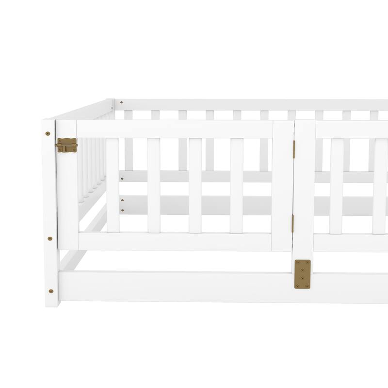 Full Size Montessori Floor Bed with Fence and Door, Kids Wood Bed Frame, Natural Pine Wood Floor Bed