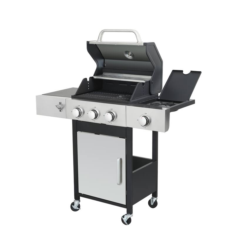 3-Burner Propane Gas BBQ Grill with Side Burner with Enameled Cast Iron Cooking Grids For Outdoor Barbecue, Stainless Steel