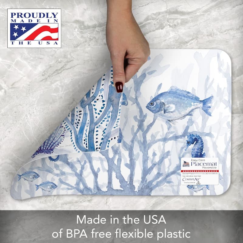 CounterArt Indigo Coastal Reversible Easy Care Flexible Plastic Placemat, 4 Pack, Made in The USA