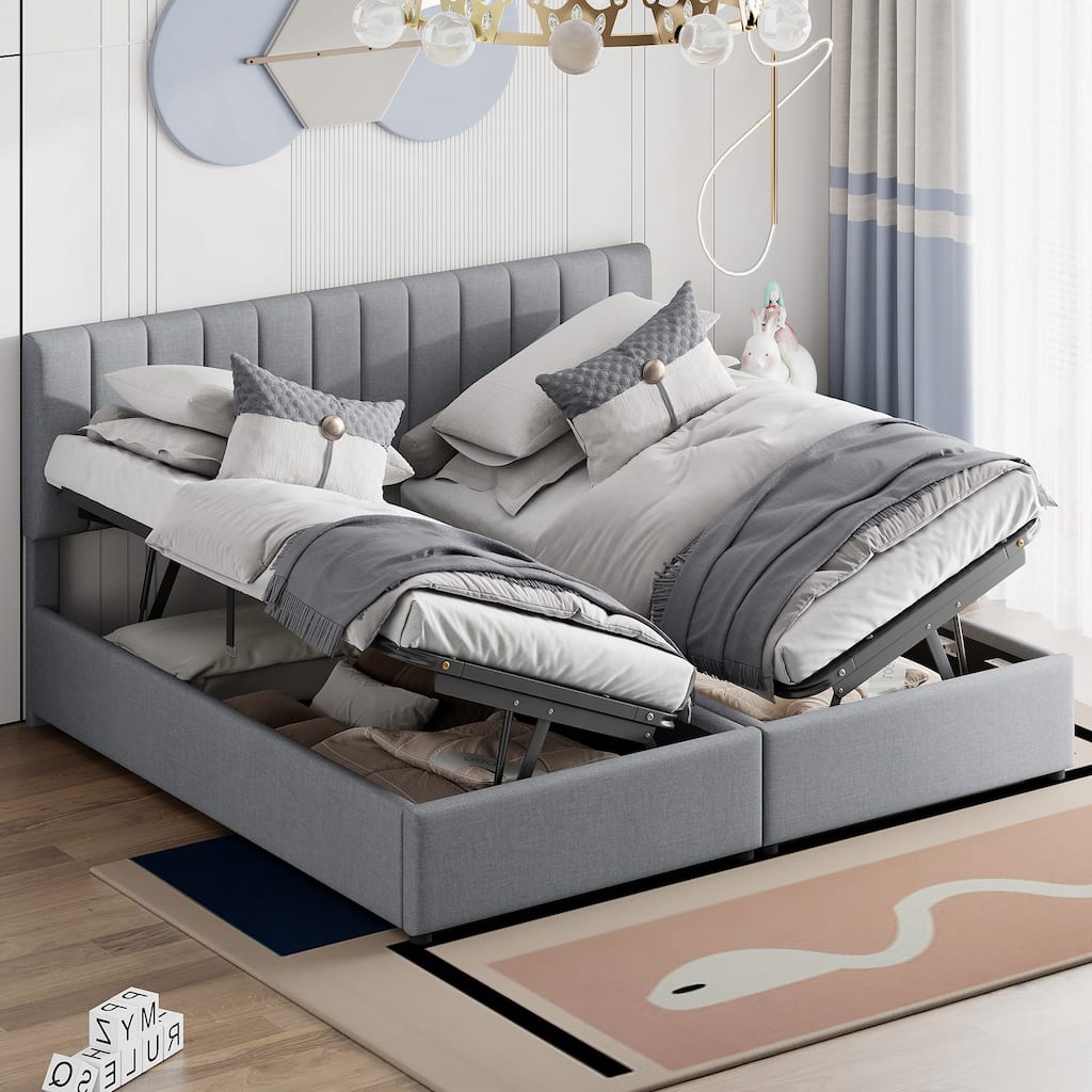 King Size Upholstered Platform Bed with a Hydraulic Storage System, Gray