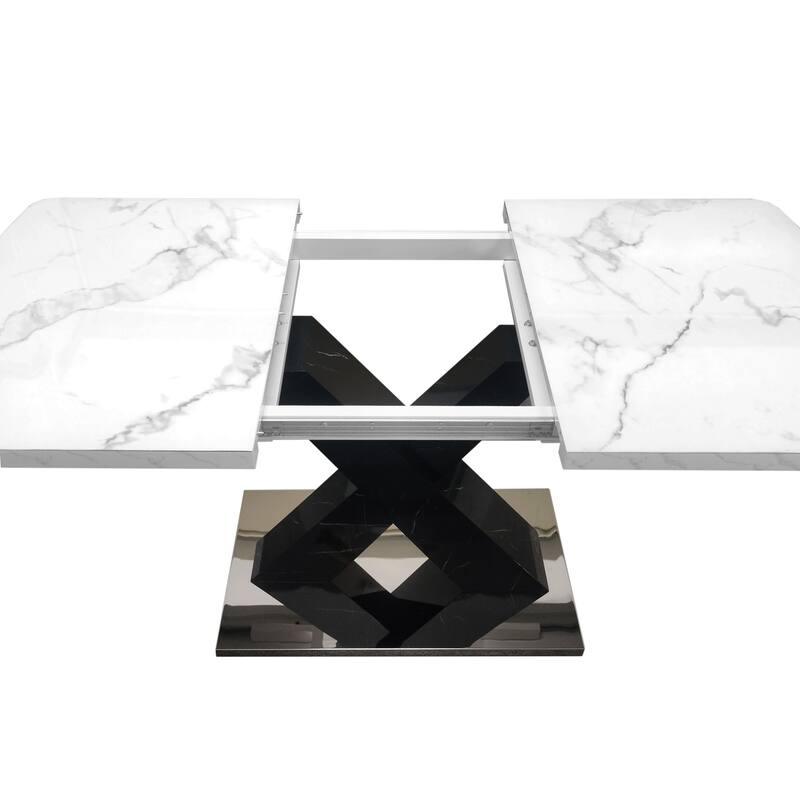 Modern Square Dining Table, Stretchable, with X-Shape Table Leg with Metal Base