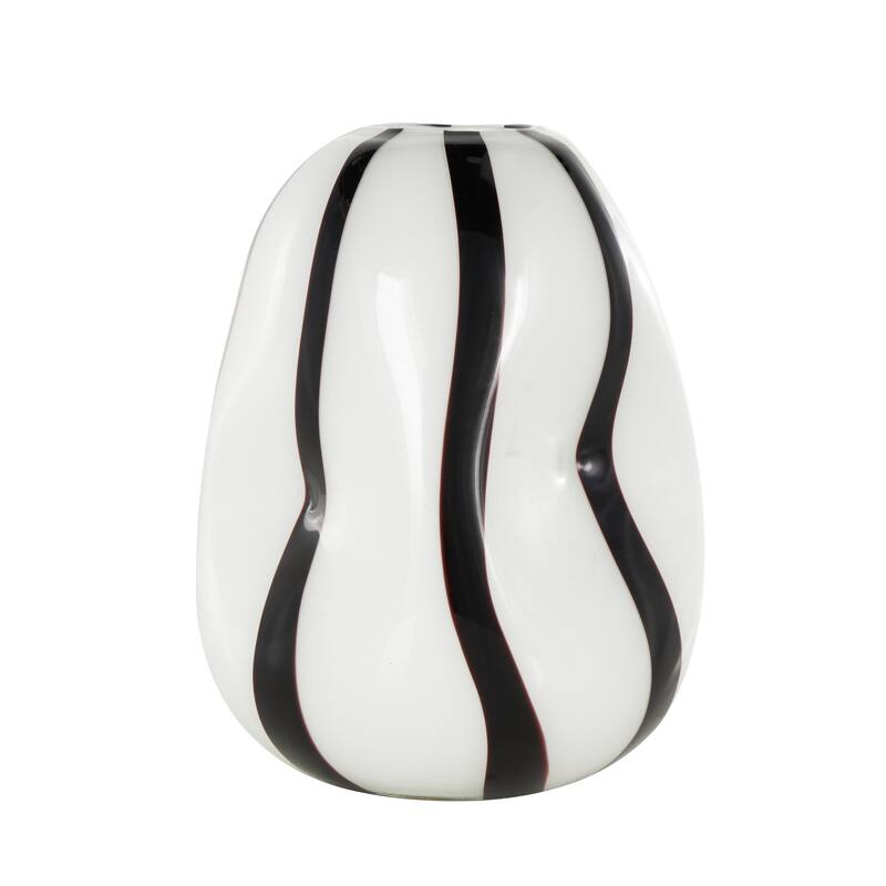 Glass Concaved Round Vase with Black Stripes - White - Roche River Decor