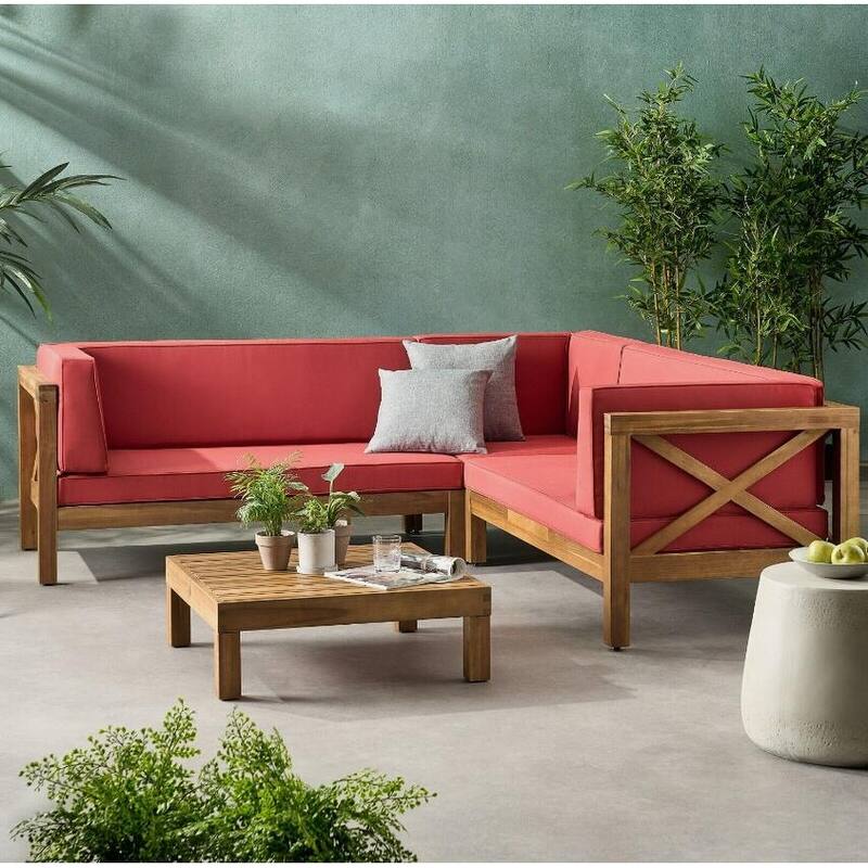 Roomfitters Outdoor 4-Piece Acacia Wood X-Back Sofa Set with Coffee Table, Red Cushions - Red